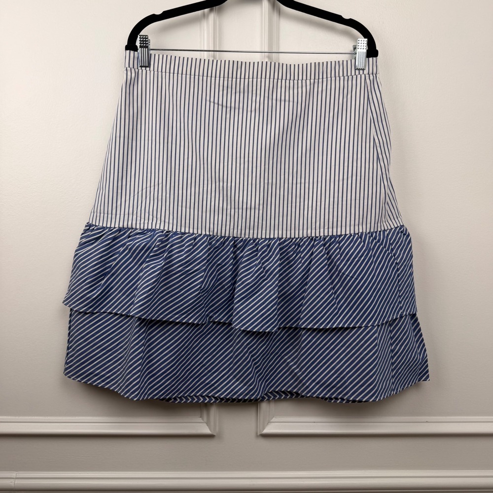 J. Crew Womens Blue White Striped Tiered Ruffle‎ Mini Skirt Size 14 Cotton Blend